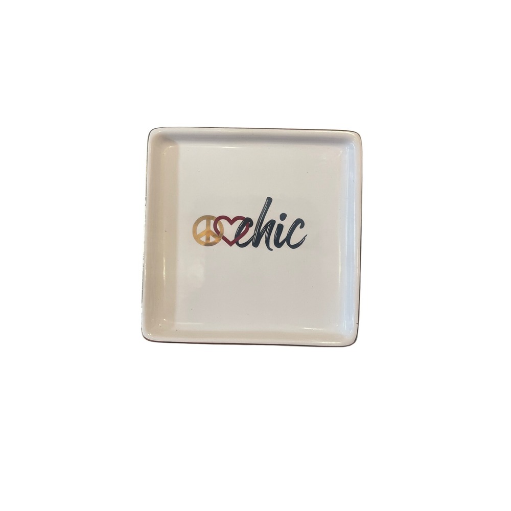 Chicos Ceramic Trinket Dish White Peace Love Chic Square Jewelry Tray Gold Rim